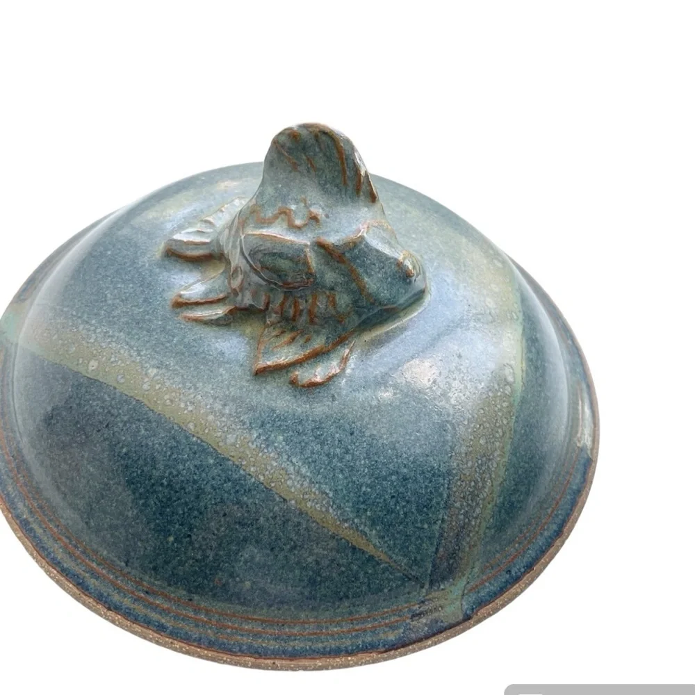 Glazed Stoneware Ceramic Pot with fish detail lid
